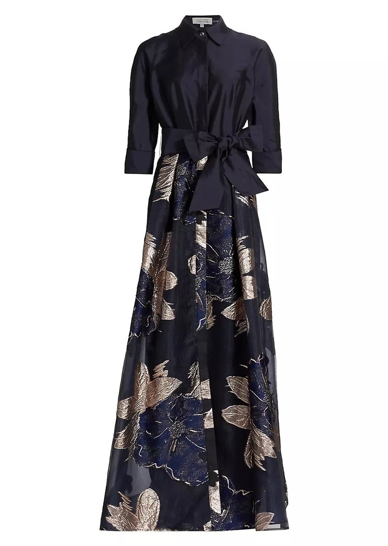 Teri Jon Burnout Floral Taffeta Shirtwaist Gown