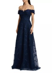 Teri Jon Butterfly Appliqué Lace-Tulle Off-The-Shoulder Gown