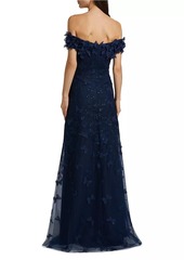 Teri Jon Butterfly Appliqué Lace-Tulle Off-The-Shoulder Gown