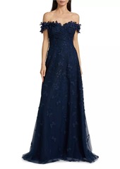 Teri Jon Butterfly Appliqué Lace-Tulle Off-The-Shoulder Gown