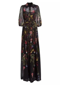 Teri Jon Chiffon Floral Puff-Sleeve Gown