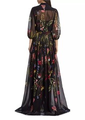 Teri Jon Chiffon Floral Puff-Sleeve Gown