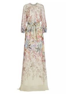 Teri Jon Chiffon Floral Tie-Waist Gown
