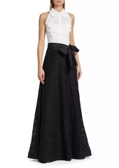 Teri Jon Collared Colorblocked Lace Gown