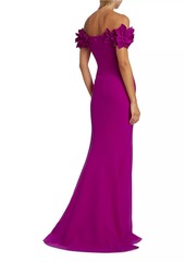 Teri Jon Crepe Petal Off-The-Shoulder Gown