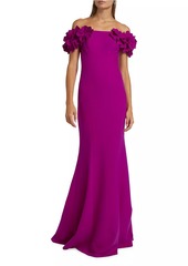 Teri Jon Crepe Petal Off-The-Shoulder Gown