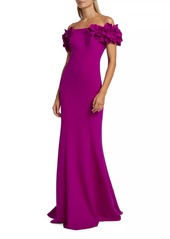 Teri Jon Crepe Petal Off-The-Shoulder Gown