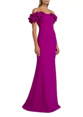 Teri Jon Crepe Petal Off-The-Shoulder Gown