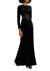 Teri Jon Embellished & Embroidered Stretch Velvet Gown