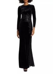 Teri Jon Embellished & Embroidered Stretch Velvet Gown