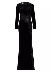 Teri Jon Embellished & Embroidered Stretch Velvet Gown