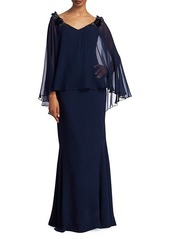 Teri Jon Embellished Silk Chiffon Cape Sleeve & Crepe Gown