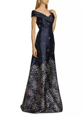 Teri Jon Embroidered Jacquard Off-The-Shoulder Gown