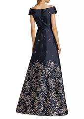 Teri Jon Embroidered Jacquard Off-The-Shoulder Gown