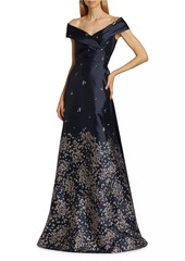 Teri Jon Embroidered Jacquard Off-The-Shoulder Gown