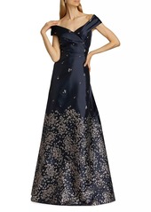 Teri Jon Embroidered Jacquard Off-The-Shoulder Gown