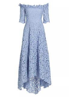 Teri Jon Embroidered Off-the-Shoulder High-Low Gown