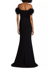 Teri Jon Feather-Embellished Crepe Off-The-Shoulder Gown