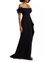 Teri Jon Feather-Embellished Crepe Off-The-Shoulder Gown