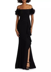 Teri Jon Feather-Embellished Crepe Off-The-Shoulder Gown