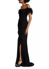 Teri Jon Feather-Embellished Crepe Off-The-Shoulder Gown