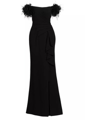 Teri Jon Feather-Embellished Crepe Off-The-Shoulder Gown