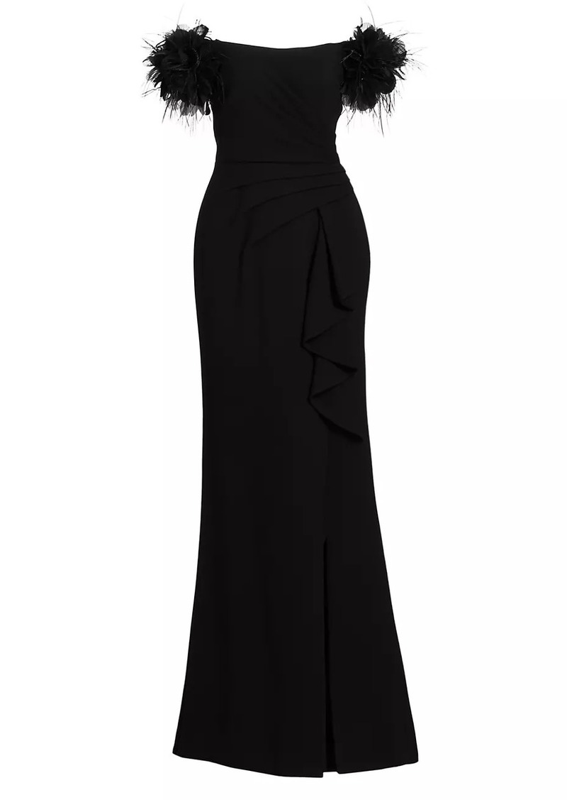 Teri Jon Feather-Embellished Crepe Off-The-Shoulder Gown