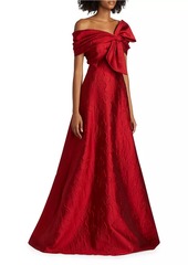 Teri Jon Floral Jacquard Bow-Shoulder Gown