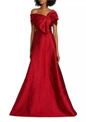 Teri Jon Floral Jacquard Bow-Shoulder Gown