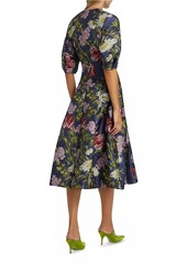 Teri Jon Floral Jacquard Puff-Sleeve Cocktail Dress