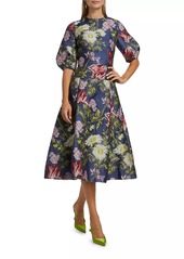 Teri Jon Floral Jacquard Puff-Sleeve Cocktail Dress