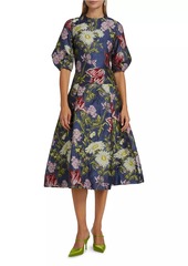 Teri Jon Floral Jacquard Puff-Sleeve Cocktail Dress