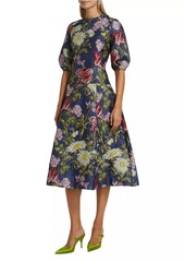 Teri Jon Floral Jacquard Puff-Sleeve Cocktail Dress