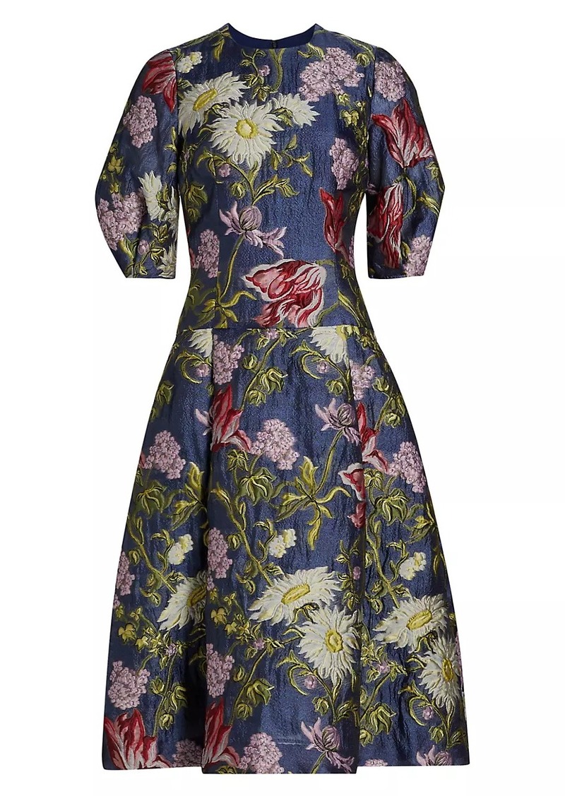 Teri Jon Floral Jacquard Puff-Sleeve Cocktail Dress