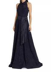 Teri Jon Floral Lace Collared A-Line Gown