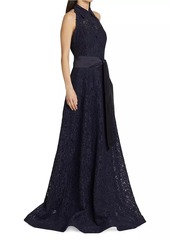 Teri Jon Floral Lace Collared A-Line Gown