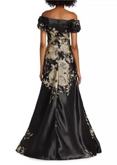 Teri Jon Floral Metallic Jacquard Off-the-Shoulder Gown