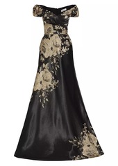 Teri Jon Floral Metallic Jacquard Off-the-Shoulder Gown