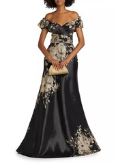 Teri Jon Floral Metallic Jacquard Off-the-Shoulder Gown