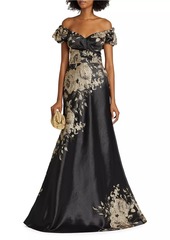 Teri Jon Floral Metallic Jacquard Off-the-Shoulder Gown