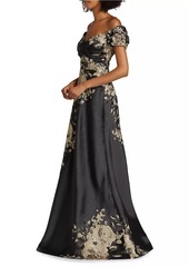 Teri Jon Floral Metallic Jacquard Off-the-Shoulder Gown