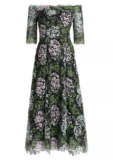 Teri Jon Floral Print Lace Off-The-Shoulder Midi-Dress