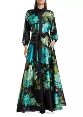 Teri Jon Floral Satin Tie-Waist A-Line Gown