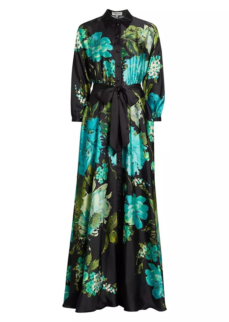 Teri Jon Floral Satin Tie-Waist A-Line Gown