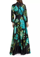 Teri Jon Floral Satin Tie-Waist A-Line Gown