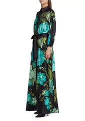 Teri Jon Floral Satin Tie-Waist A-Line Gown