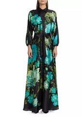 Teri Jon Floral Satin Tie-Waist A-Line Gown