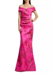 Teri Jon Floral Stretch Gazar Off-The-Shoulder Gown