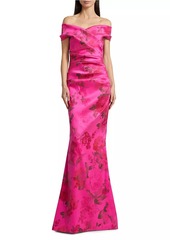 Teri Jon Floral Stretch Gazar Off-The-Shoulder Gown