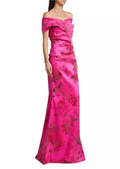 Teri Jon Floral Stretch Gazar Off-The-Shoulder Gown